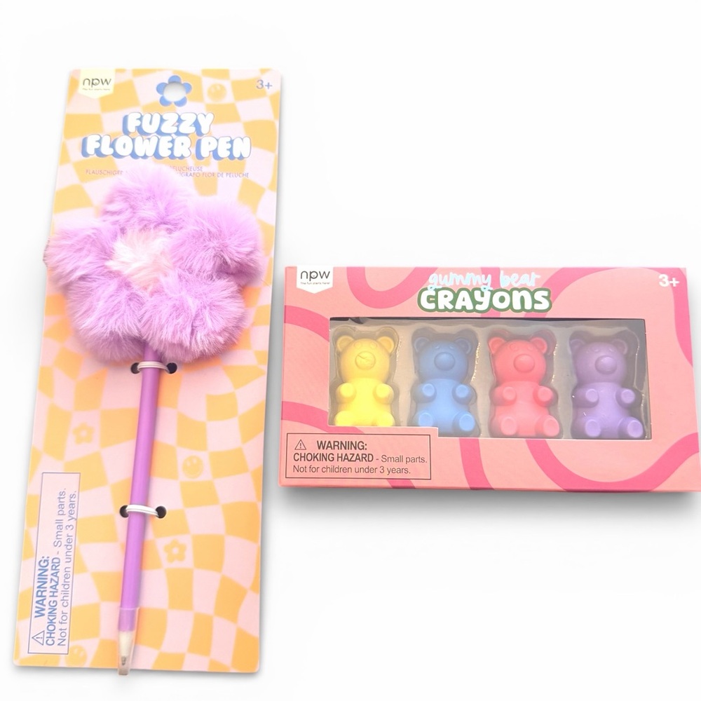 NPW Fuzzy Flower Pen and Gummy Bear Crayons - Purple and Multicolor